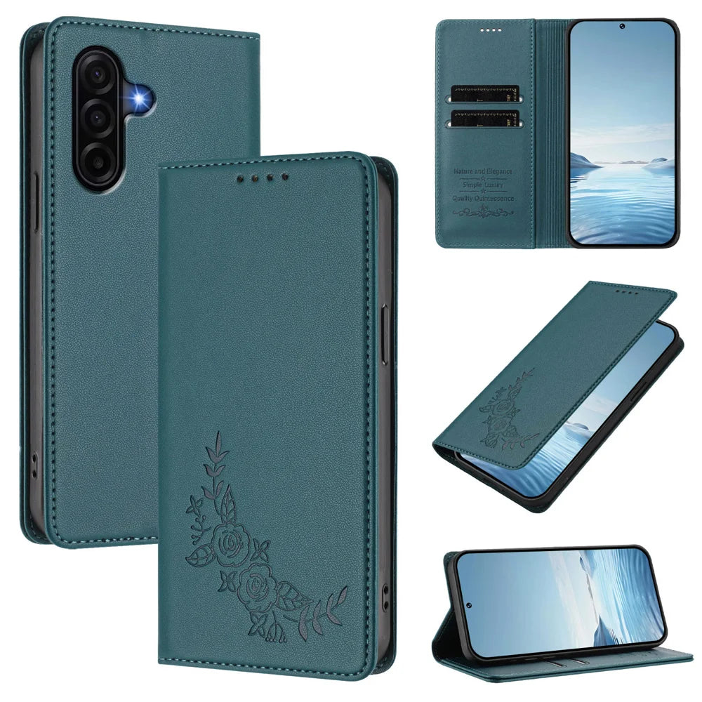 For Samsung Galaxy A57 5G Wallet Stand Case Peony Flower Pattern TPU PU Leather Flip Cover - Green - 3