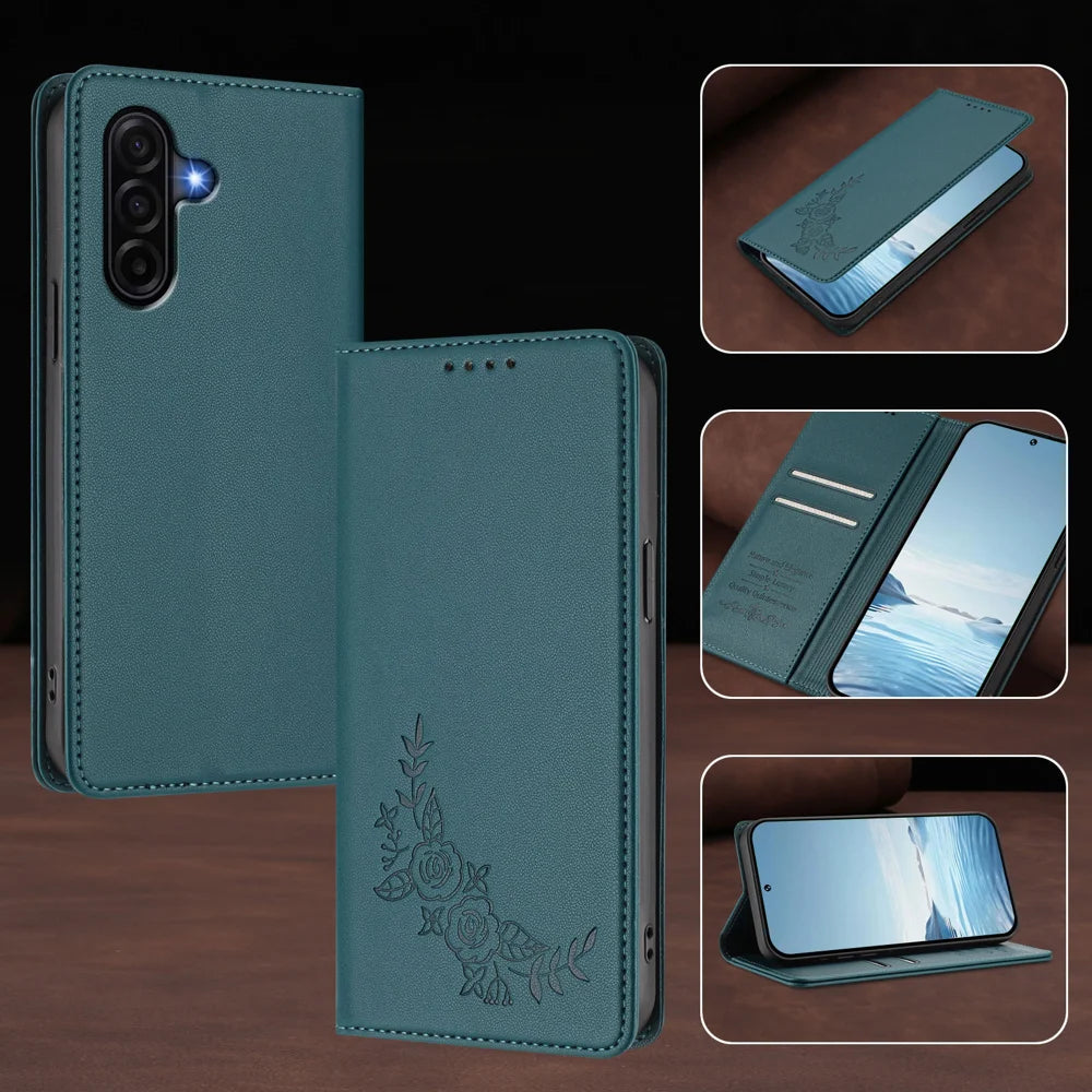 For Samsung Galaxy A57 5G Wallet Stand Case Peony Flower Pattern TPU PU Leather Flip Cover - Green - 6