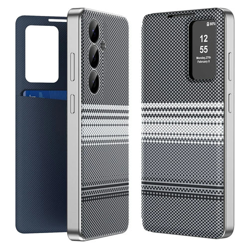 For Samsung Galaxy S25+ Case Card Slot View Window Gradient Color Checkered Pattern Leather Phone Cover - Black - 1
