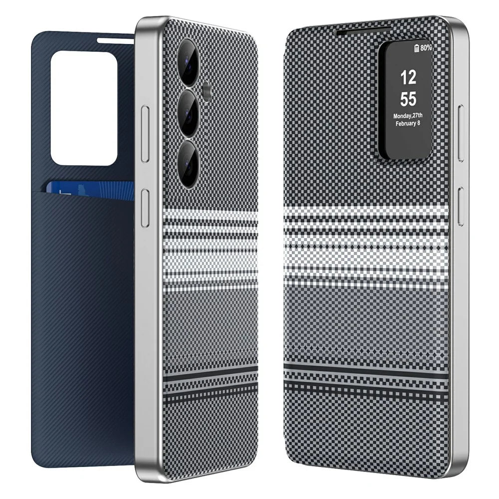 For Samsung Galaxy S25+ Case Card Slot View Window Gradient Color Checkered Pattern Leather Phone Cover - Black - 1