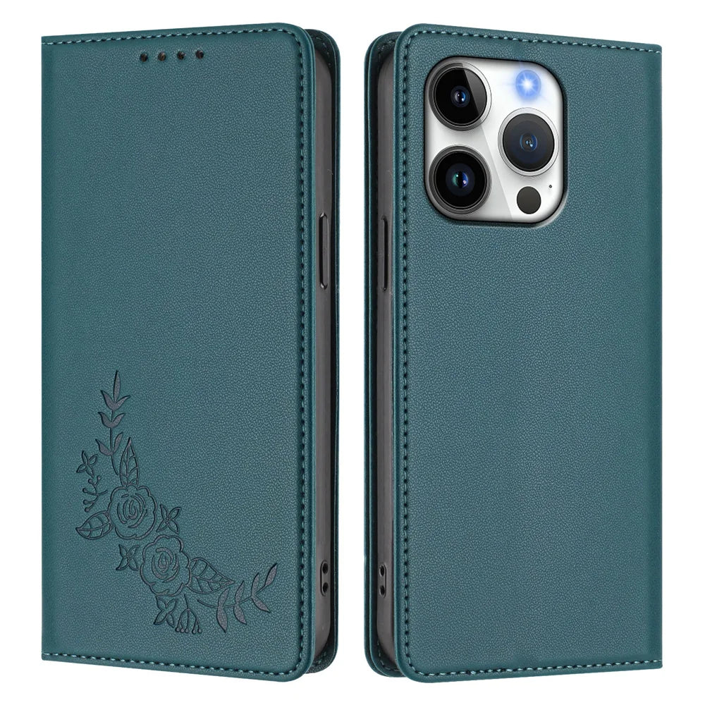 For iPhone 16 Pro Wallet Stand Case Peony Flower Pattern TPU PU Leather Flip Cover - Green - 1
