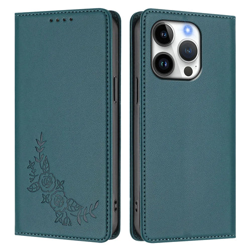 For iPhone 16 Pro Wallet Stand Case Peony Flower Pattern TPU PU Leather Flip Cover - Green - 1