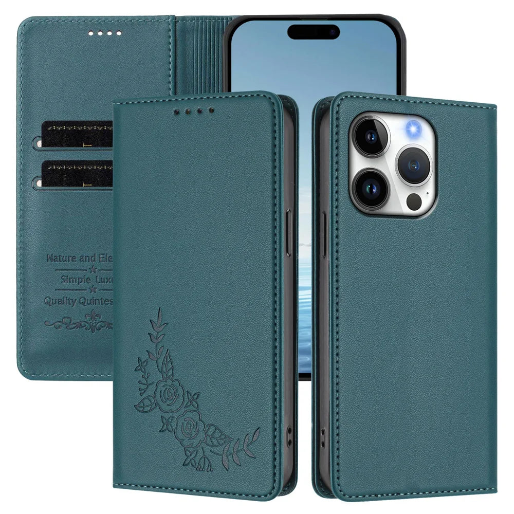 For iPhone 16 Pro Wallet Stand Case Peony Flower Pattern TPU PU Leather Flip Cover - Green - 2
