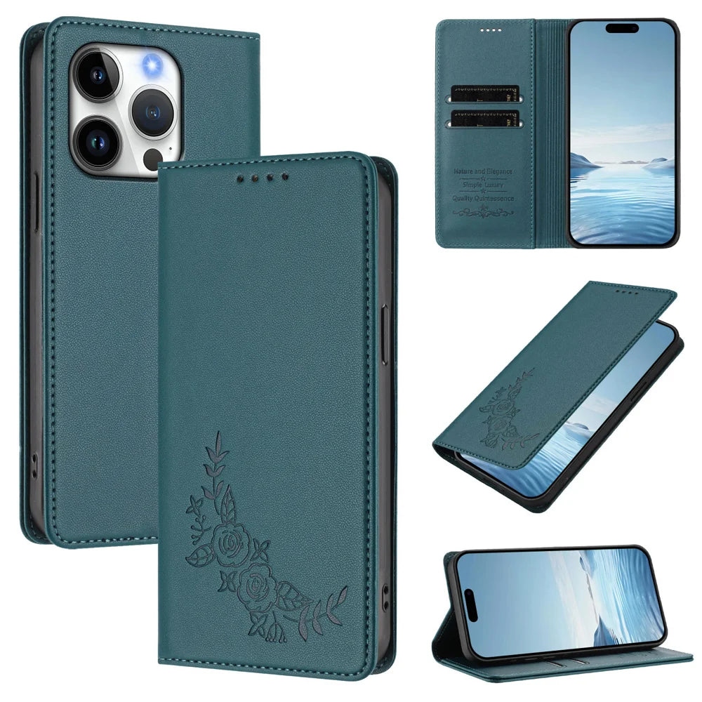 For iPhone 16 Pro Wallet Stand Case Peony Flower Pattern TPU PU Leather Flip Cover - Green - 3