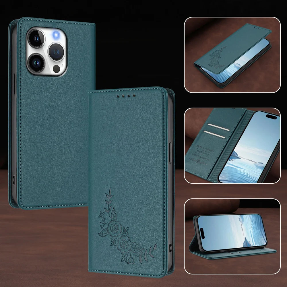 For iPhone 16 Pro Wallet Stand Case Peony Flower Pattern TPU PU Leather Flip Cover - Green - 6