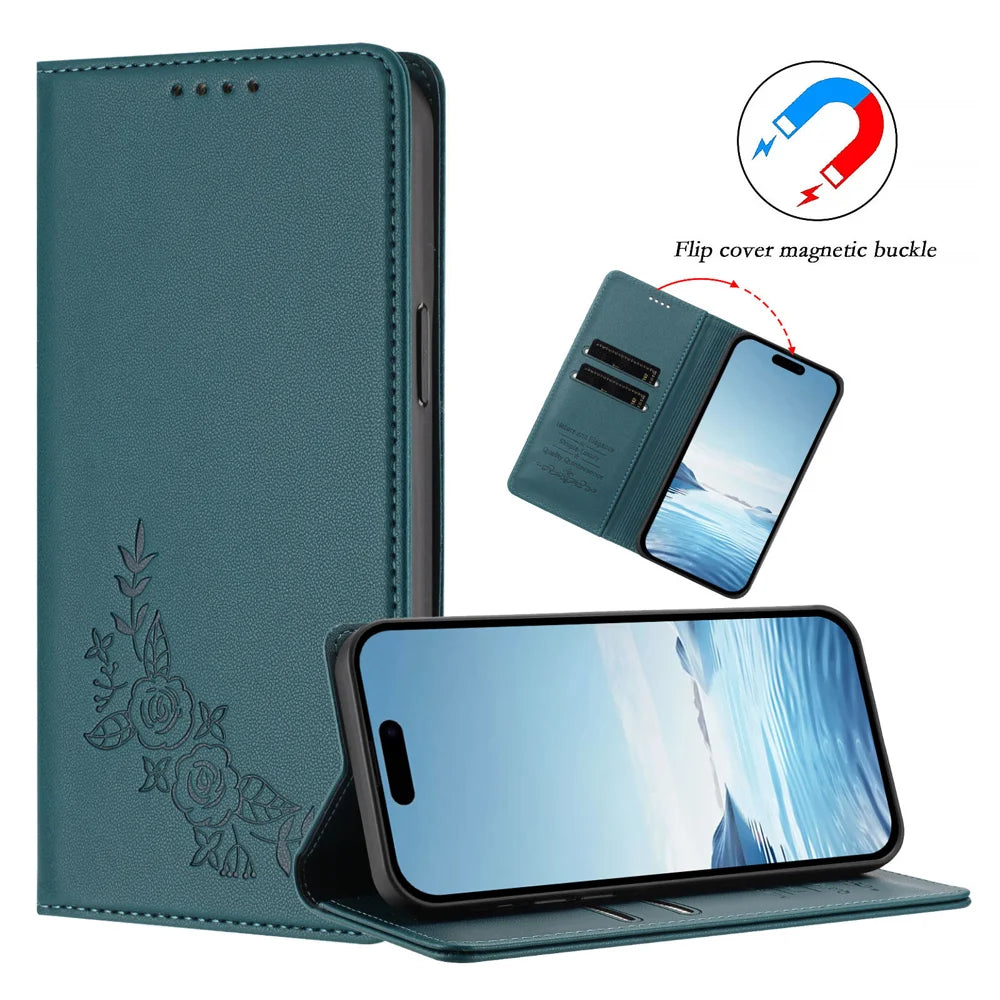 For iPhone 16 Pro Wallet Stand Case Peony Flower Pattern TPU PU Leather Flip Cover - Green - 7