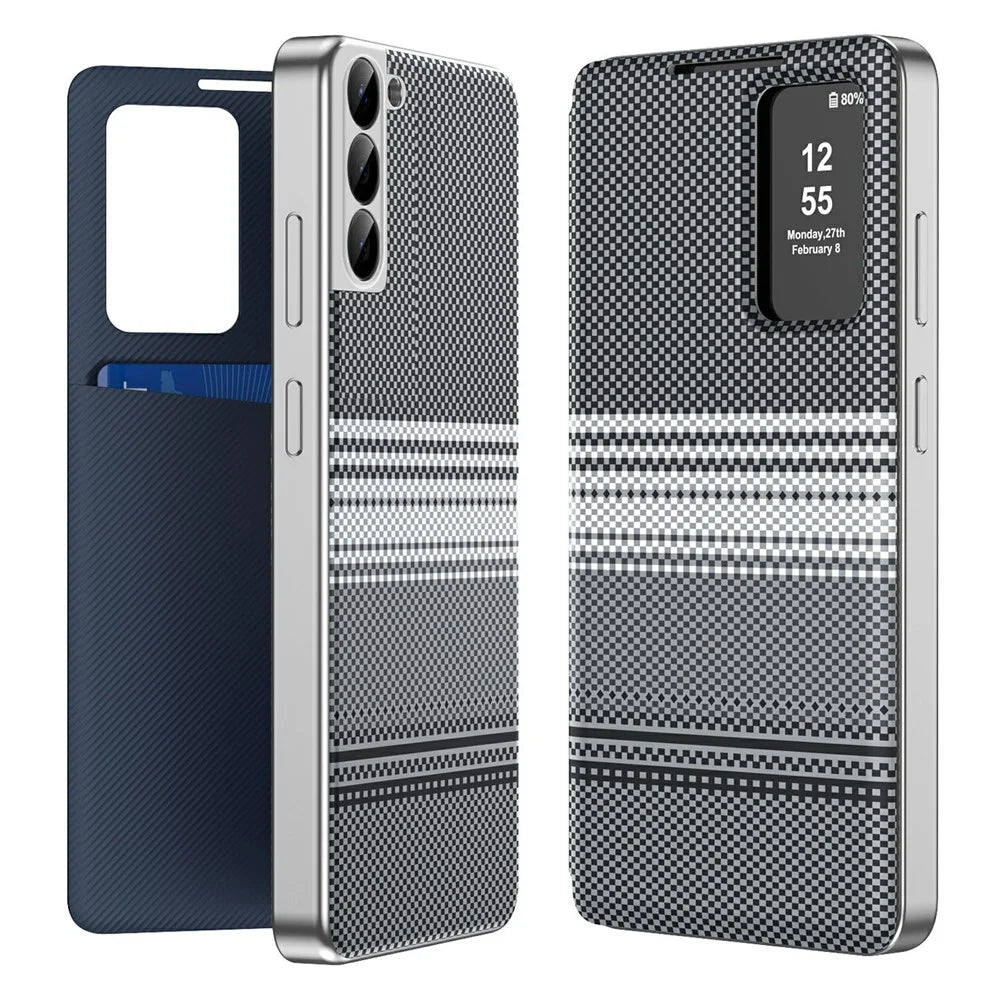For Samsung Galaxy S22 5G Case Card Slot View Window Gradient Color Checkered Pattern Leather Phone Cover - Black - 1