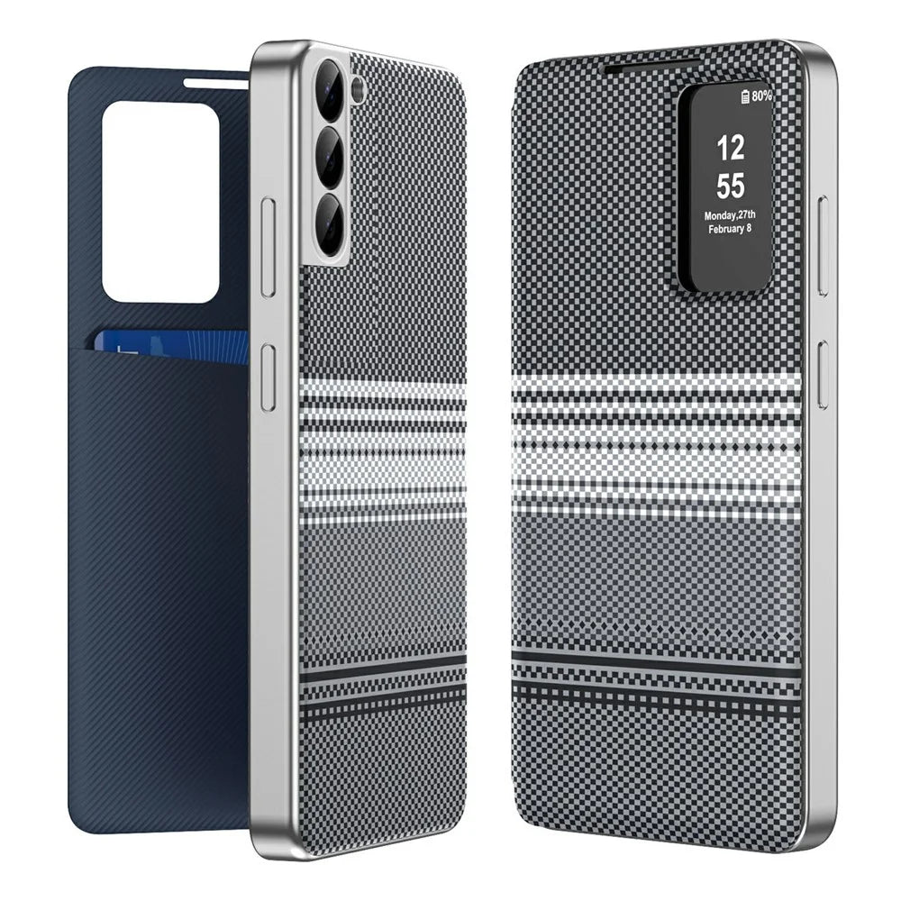 For Samsung Galaxy S22+ 5G Case Card Slot View Window Gradient Color Checkered Pattern Leather Phone Cover - Black - 1
