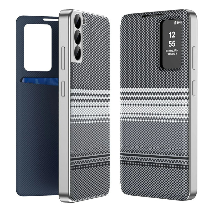 For Samsung Galaxy S22+ 5G Case Card Slot View Window Gradient Color Checkered Pattern Leather Phone Cover - Black - 1