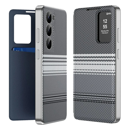 For Samsung Galaxy S23+ Case Card Slot View Window Gradient Color Checkered Pattern Leather Phone Cover - Black - 1