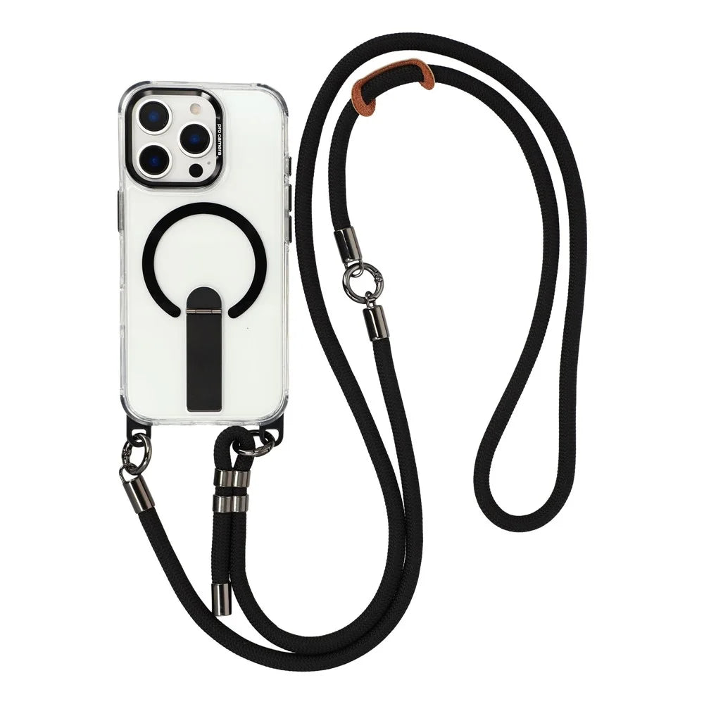 For iPhone 16 Pro Max Magnetic Case Kickstand PC TPU Phone Cover with 30cm Short Strap / 120cm Long Strap - Black - 1