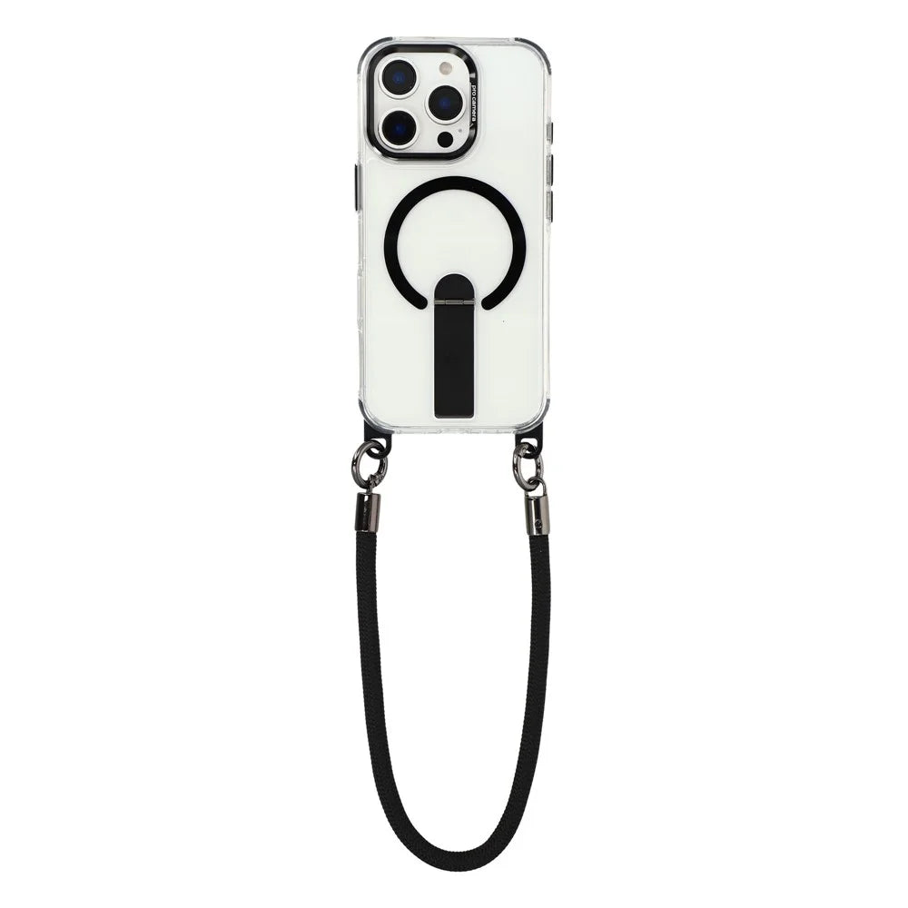 For iPhone 16 Pro Max Magnetic Case Kickstand PC TPU Phone Cover with 30cm Short Strap / 120cm Long Strap - Black - 2