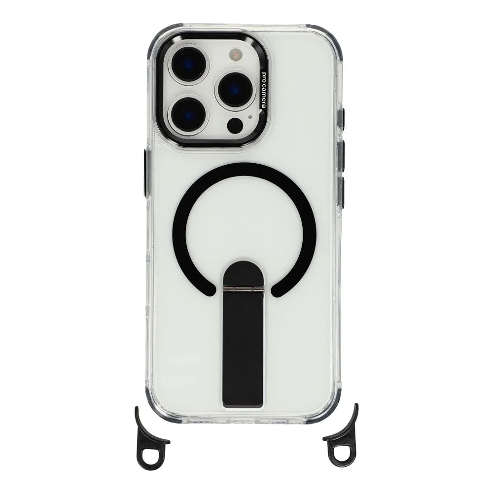 For iPhone 16 Pro Max Magnetic Case Kickstand PC TPU Phone Cover with 30cm Short Strap / 120cm Long Strap - Black - 3