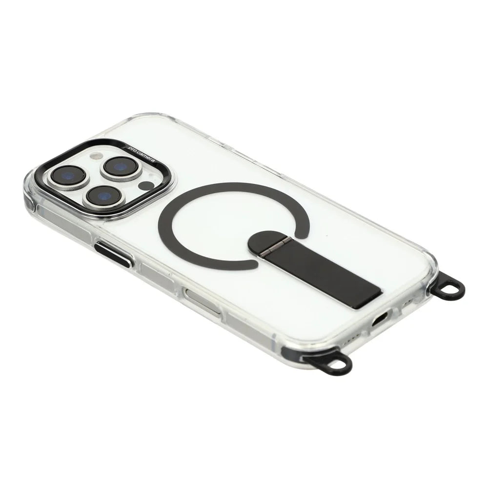 For iPhone 16 Pro Max Magnetic Case Kickstand PC TPU Phone Cover with 30cm Short Strap / 120cm Long Strap - Black - 5
