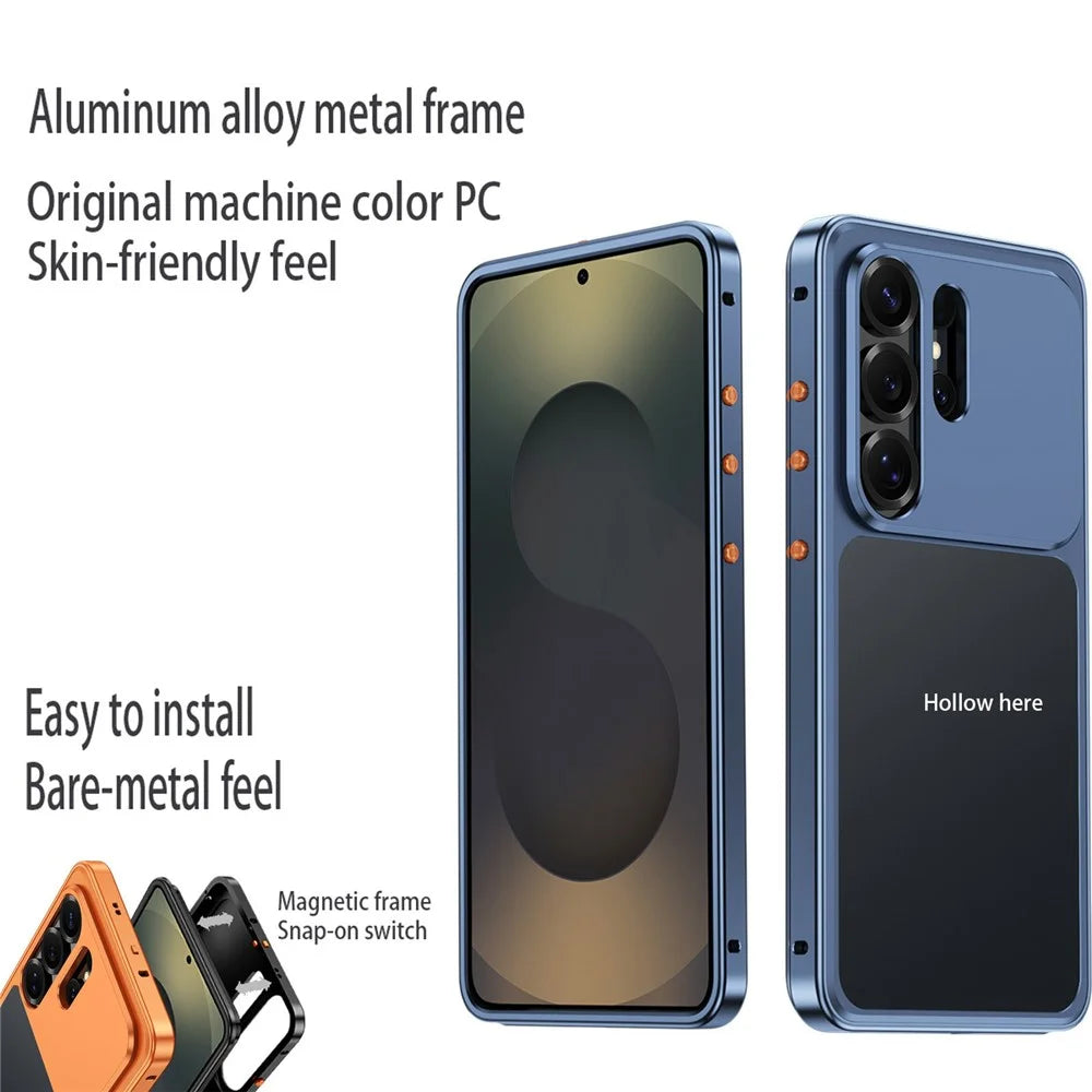 For Samsung Galaxy S24 Ultra Metal Frame Case Magnetic Snap On Frame PC Hollow Back Heat Dissipation Shockproof Cover - Titanium Blue - 2