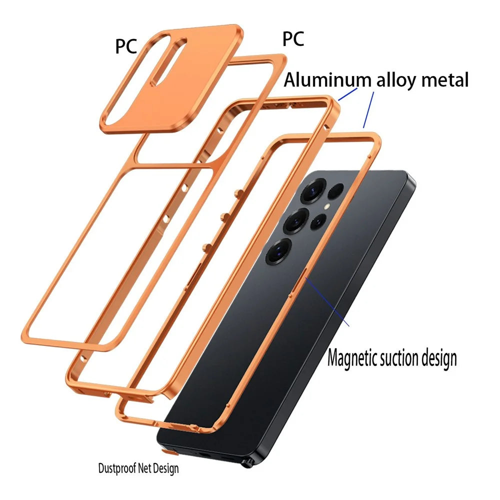 For Samsung Galaxy S23 Ultra Metal Frame Case Magnetic Snap On Frame PC Hollow Back Heat Dissipation Shockproof Cover - Titanium Blue - 5
