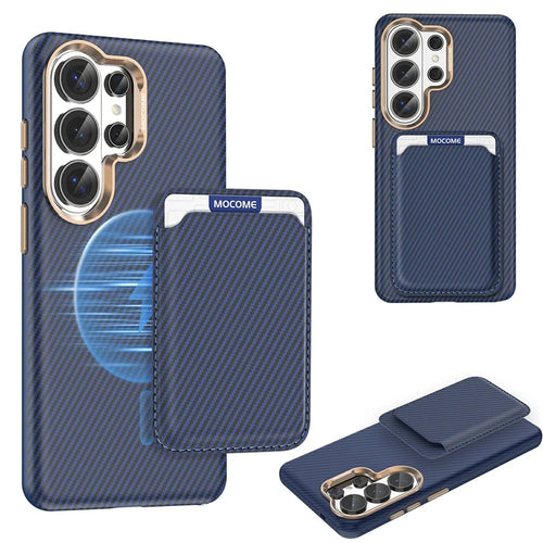 For Samsung Galaxy S26 Ultra Magnetic Case Carbon Fiber Texture Leather Back Phone Cover with Detachable Card Holder - Sapphire - 1