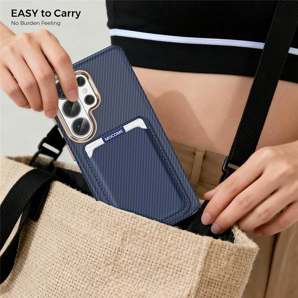 For Samsung Galaxy S26 Ultra Magnetic Case Carbon Fiber Texture Leather Back Phone Cover with Detachable Card Holder - Sapphire - 3