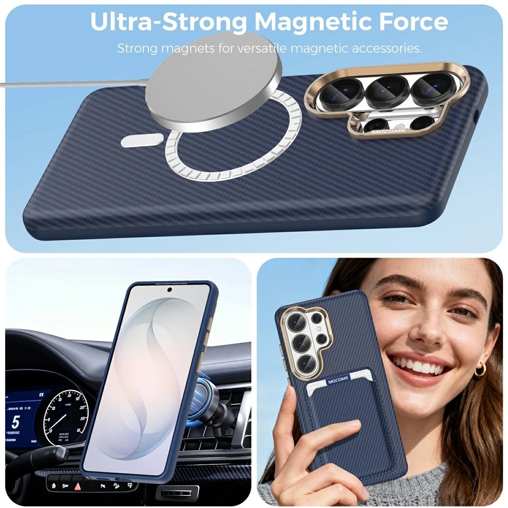 For Samsung Galaxy S26 Ultra Magnetic Case Carbon Fiber Texture Leather Back Phone Cover with Detachable Card Holder - Sapphire - 5