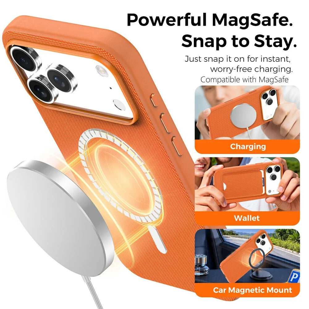 For iPhone 17 Pro Max Magnetic Case Compatible with MagSafe Tech Fabric TPU Shockproof Cover - Orange - 7