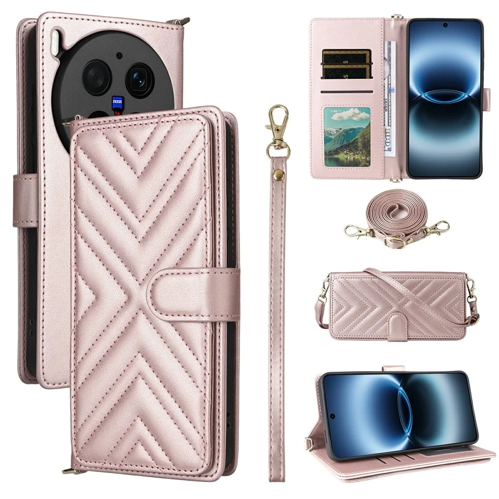 For vivo X300 Ultra 5G Leather Case Stand Wallet Phone Cover with Shoulder  /  Wrist Strap - Pink - 1