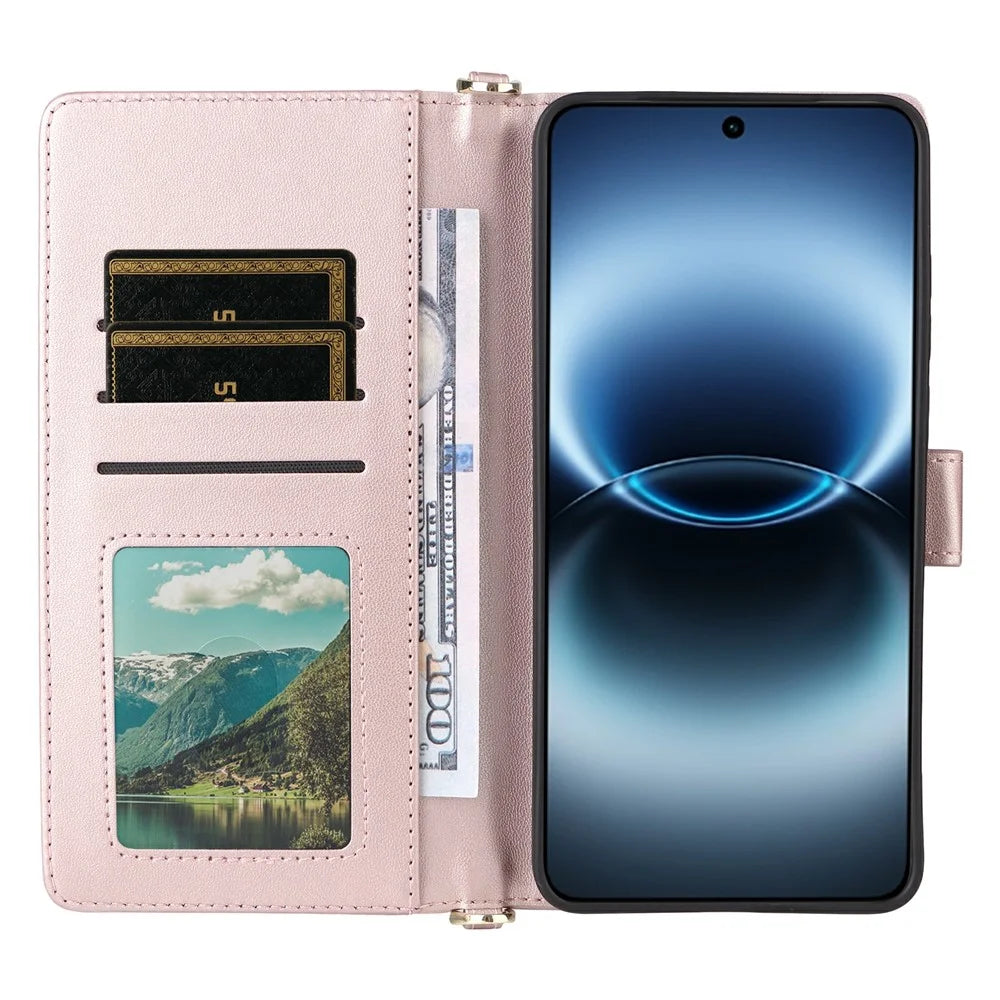 For vivo X300 Ultra 5G Leather Case Stand Wallet Phone Cover with Shoulder  /  Wrist Strap - Pink - 4