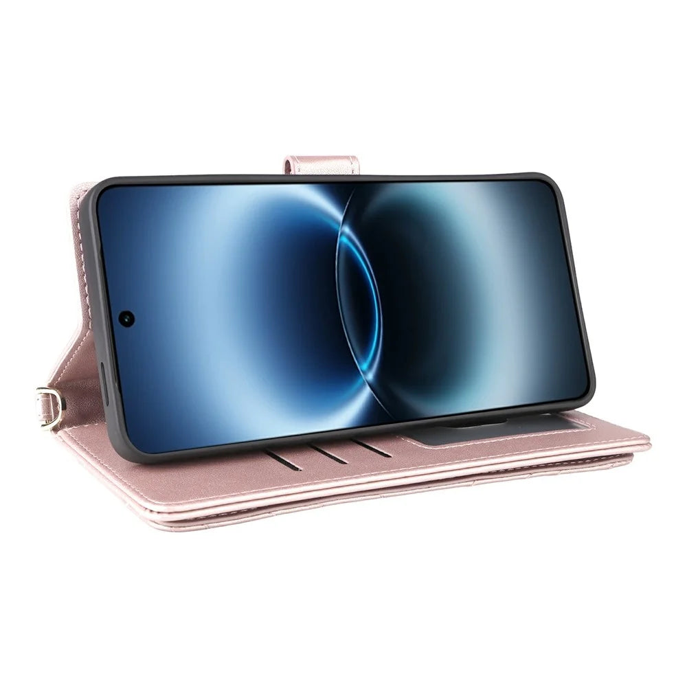 For vivo X300 Ultra 5G Leather Case Stand Wallet Phone Cover with Shoulder  /  Wrist Strap - Pink - 5