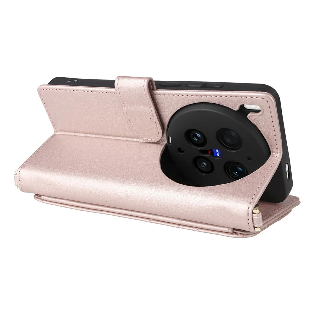 For vivo X300 Ultra 5G Leather Case Stand Wallet Phone Cover with Shoulder  /  Wrist Strap - Pink - 6