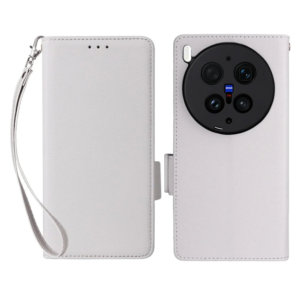 For vivo X300 Ultra 5G Case Litchi Texture Wallet Leather Phone Cover with Wrist Strap - White - 1