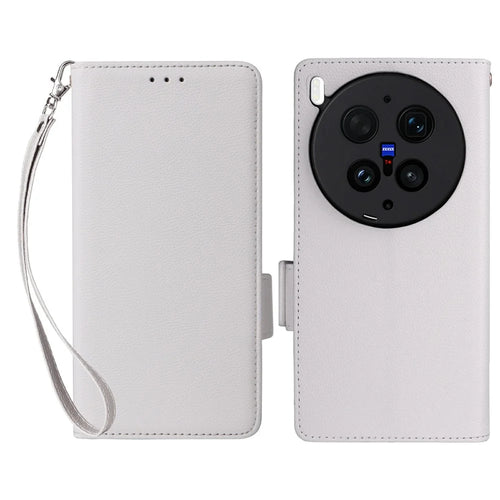 For vivo X300 Ultra 5G Case Litchi Texture Wallet Leather Phone Cover with Wrist Strap - White - 1