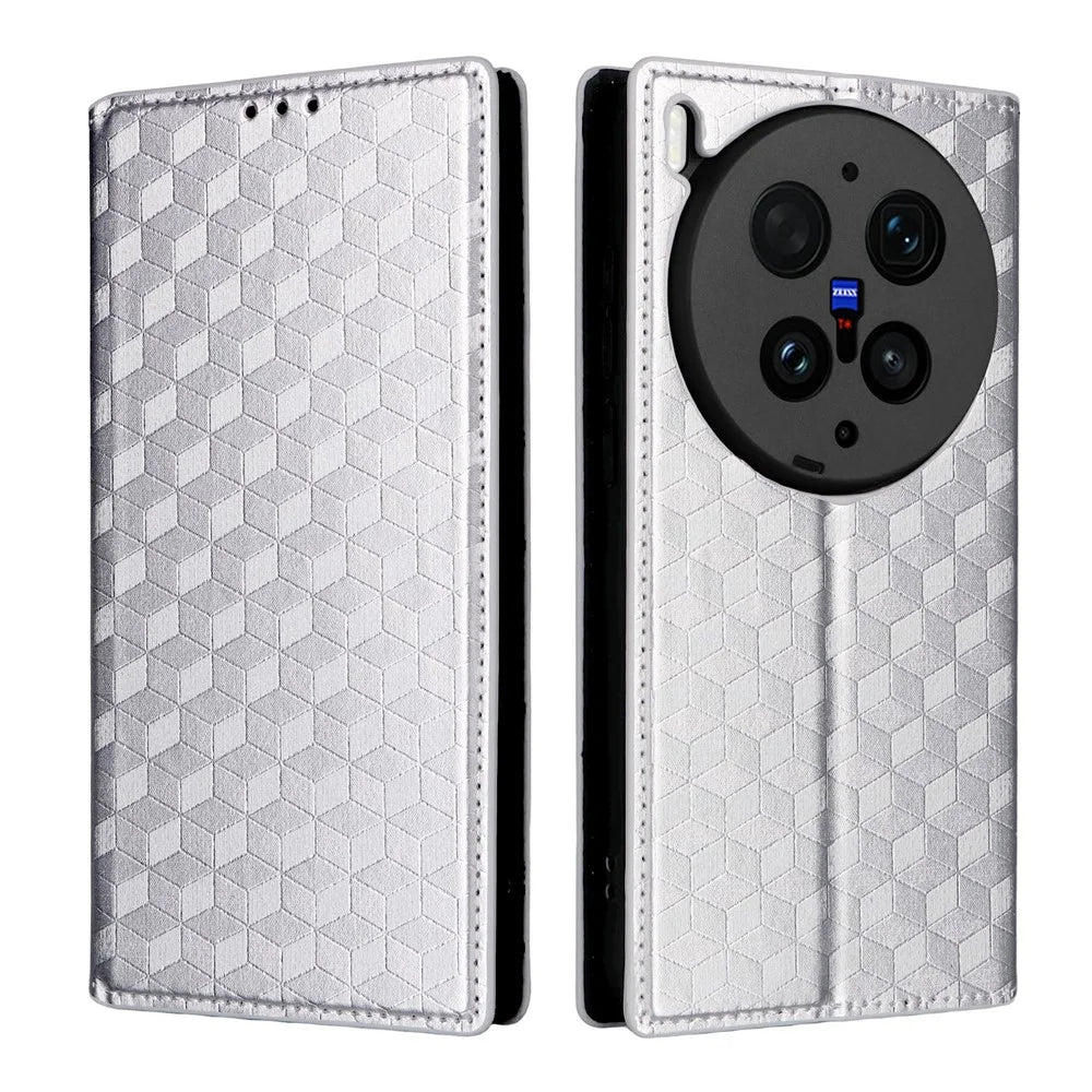 For vivo X300 Ultra 5G Case Wallet Rhombus Imprinted PU Leather Phone Cover - Silver - 1
