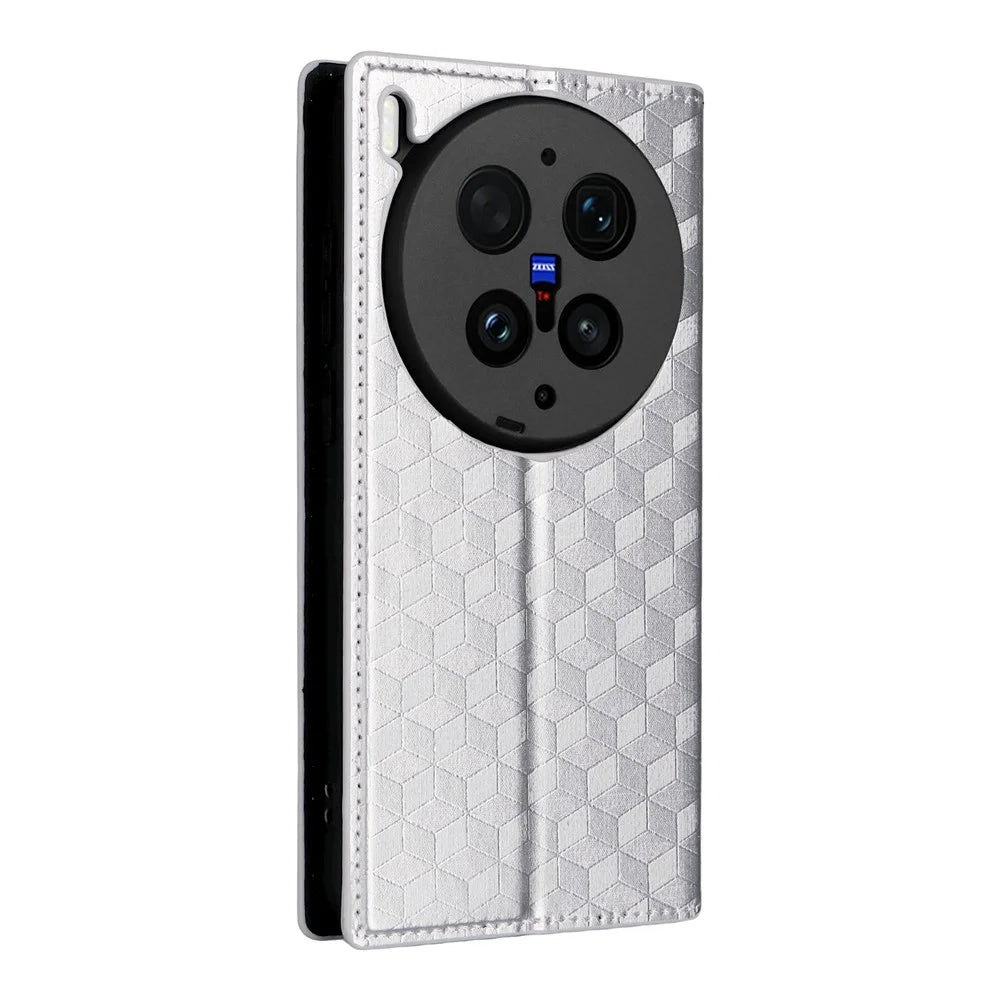 For vivo X300 Ultra 5G Case Wallet Rhombus Imprinted PU Leather Phone Cover - Silver - 7