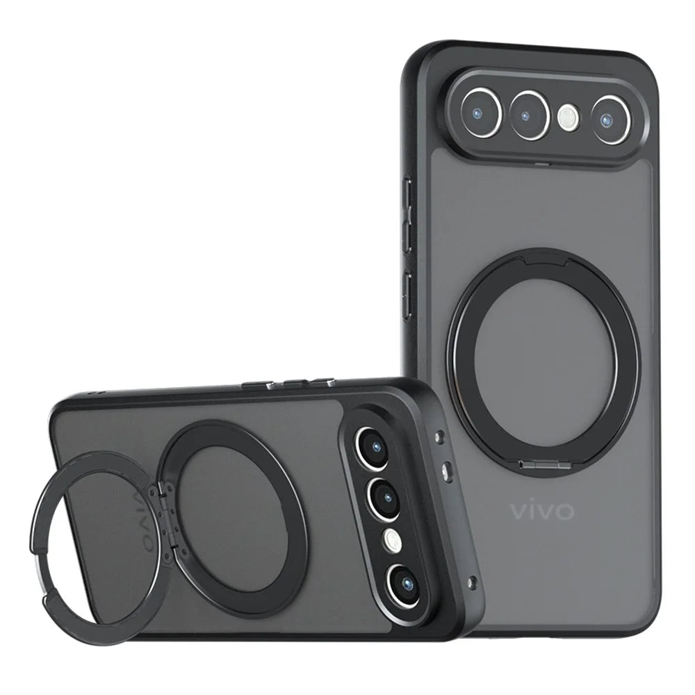 For vivo S50 Pro mini 5G Matte Skin-touch Magnetic Case 360° Rotating Kickstand Shockproof TPU + PC Phone Cover - Transparent Black - 1