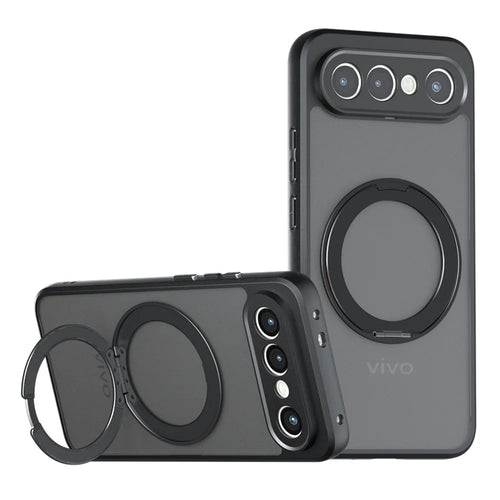 For vivo S50 Pro mini 5G Matte Skin-touch Magnetic Case 360° Rotating Kickstand Shockproof TPU + PC Phone Cover - Transparent Black - 1