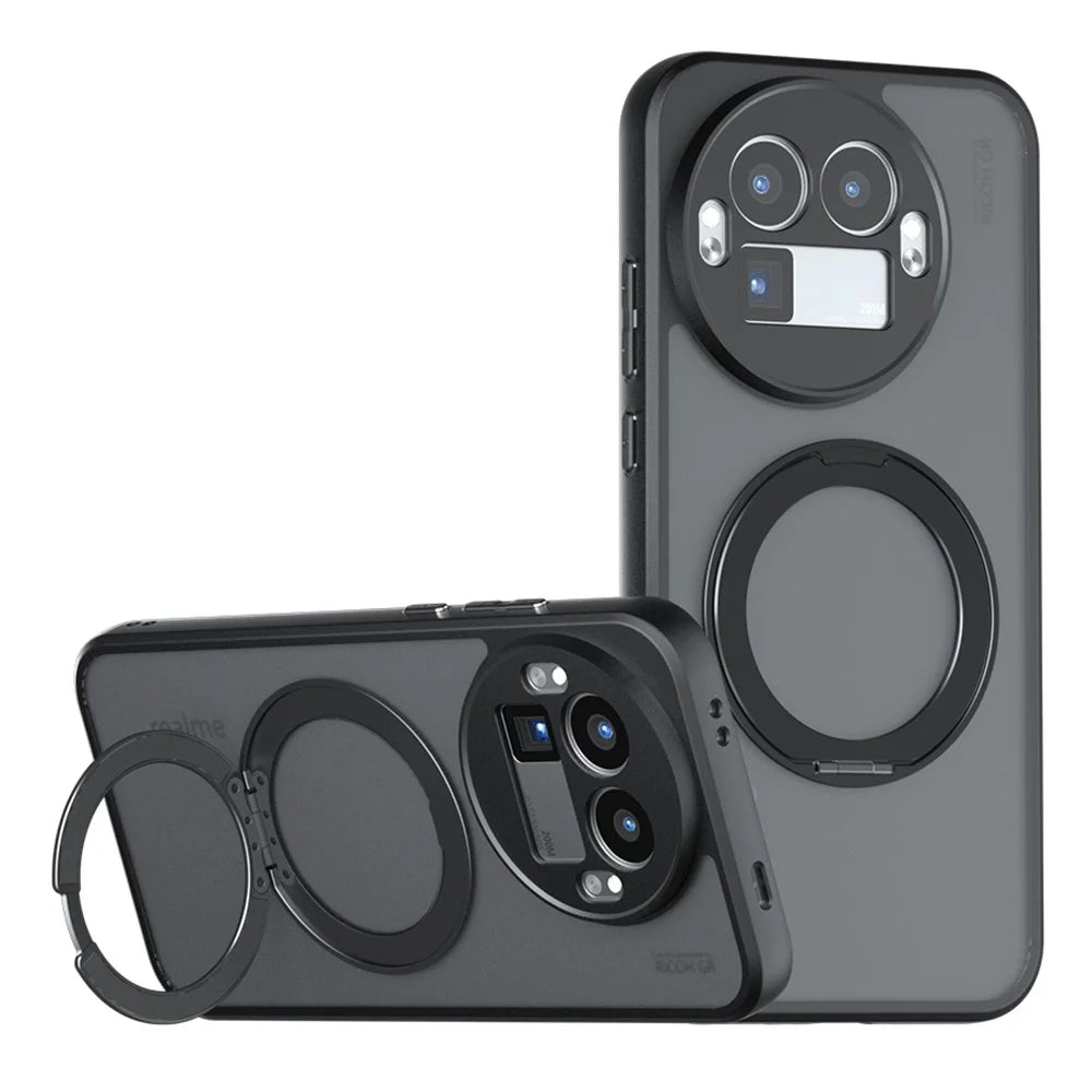 For Realme GT 8 Pro 5G Matte Skin-touch Magnetic Case 360° Rotating Kickstand Shockproof TPU + PC Phone Cover - Transparent Black - 1