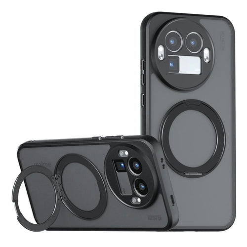 For Realme GT 8 Pro 5G Matte Skin-touch Magnetic Case 360° Rotating Kickstand Shockproof TPU + PC Phone Cover - Transparent Black - 1