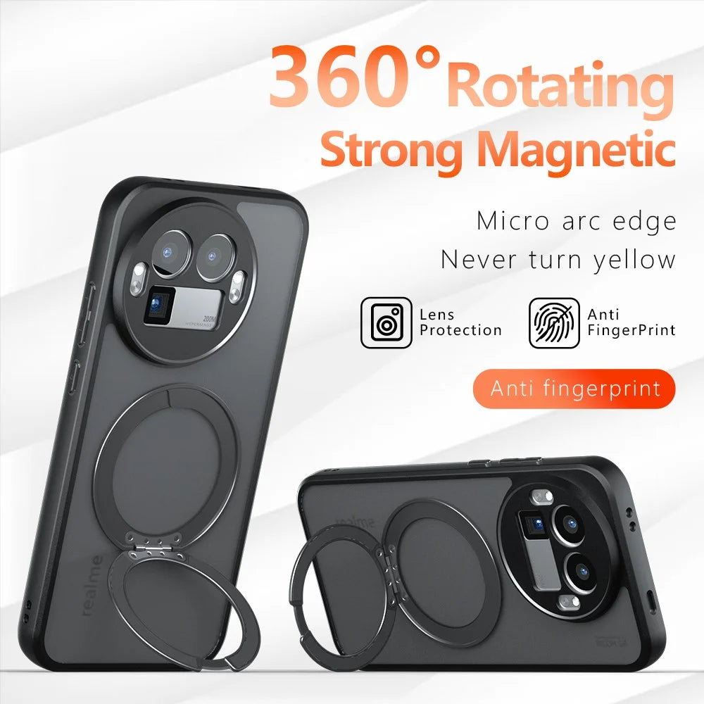 For Realme GT 8 Pro 5G Matte Skin-touch Magnetic Case 360° Rotating Kickstand Shockproof TPU + PC Phone Cover - Transparent Black - 2