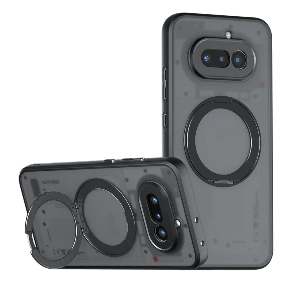 For Nothing Phone (4a) Matte Skin-touch Magnetic Case 360° Rotating Kickstand Shockproof TPU + PC Phone Cover - Transparent Black - 1