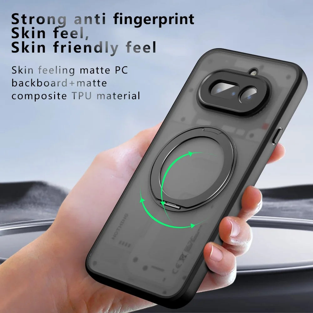 For Nothing Phone (4a) Matte Skin-touch Magnetic Case 360° Rotating Kickstand Shockproof TPU + PC Phone Cover - Transparent Black - 7