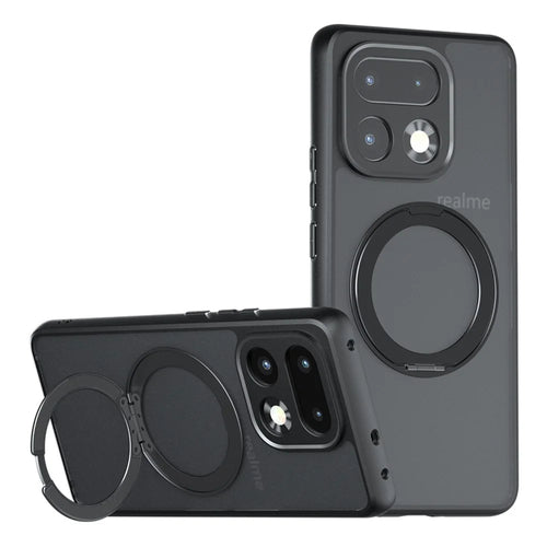 For Realme 16 Pro+ 5G Matte Skin-touch Magnetic Case 360° Rotating Kickstand Shockproof TPU + PC Phone Cover - Transparent Black - 1