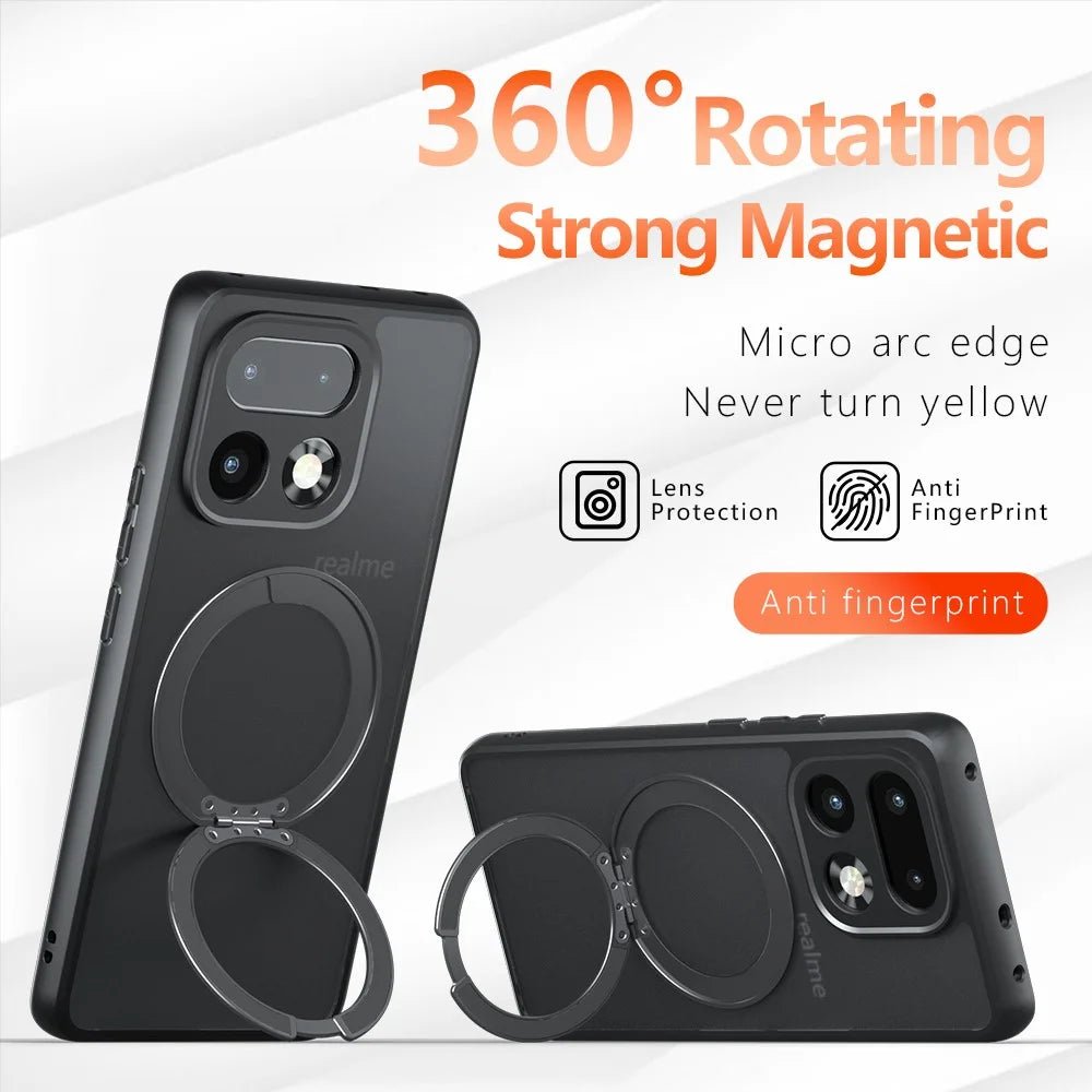 For Realme 16 Pro+ 5G Matte Skin-touch Magnetic Case 360° Rotating Kickstand Shockproof TPU + PC Phone Cover - Transparent Black - 2