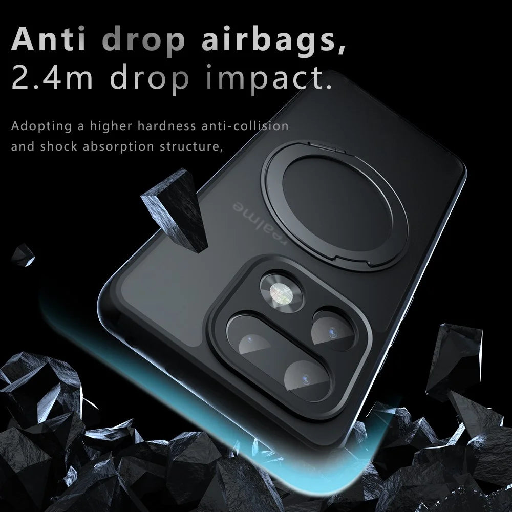 For Realme 16 Pro+ 5G Matte Skin-touch Magnetic Case 360° Rotating Kickstand Shockproof TPU + PC Phone Cover - Transparent Black - 3