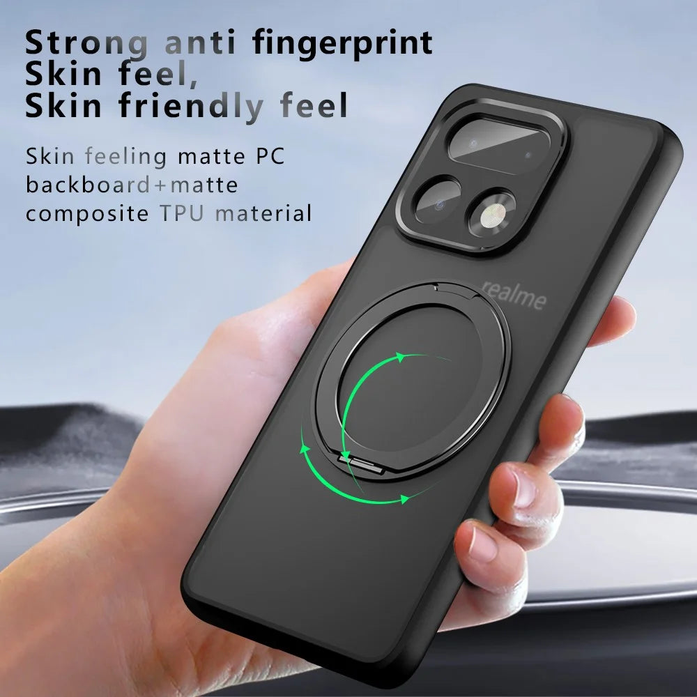 For Realme 16 Pro+ 5G Matte Skin-touch Magnetic Case 360° Rotating Kickstand Shockproof TPU + PC Phone Cover - Transparent Black - 7
