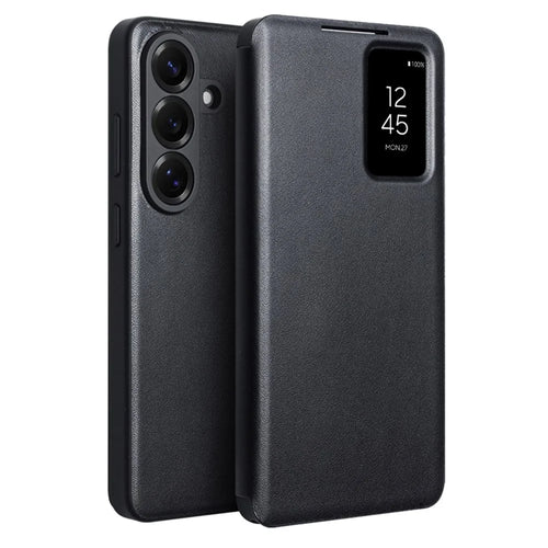 QIALINO For Samsung Galaxy S26+ Case View Window Genuine Cow Leather Flip Phone Cover (APP Version) - Black - 1