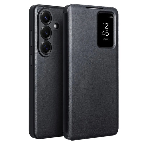 QIALINO For Samsung Galaxy S26+ Case View Window Genuine Cow Leather Flip Phone Cover (APP Version) - Black - 1