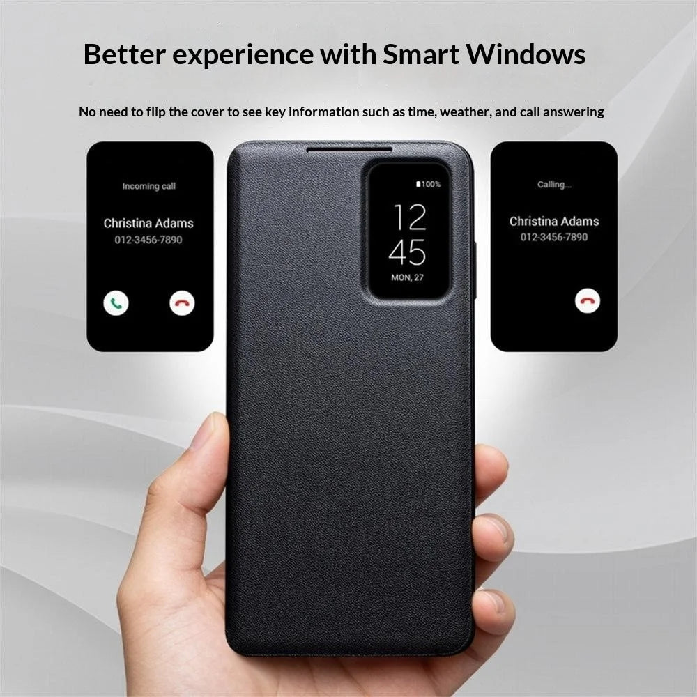 QIALINO For Samsung Galaxy S26+ Case View Window Genuine Cow Leather Flip Phone Cover (APP Version) - Black - 6