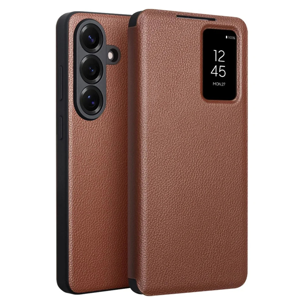 QIALINO For Samsung Galaxy S26 Case View Window Genuine Cow Leather Flip Phone Cover (APP Version) - Brown - 1