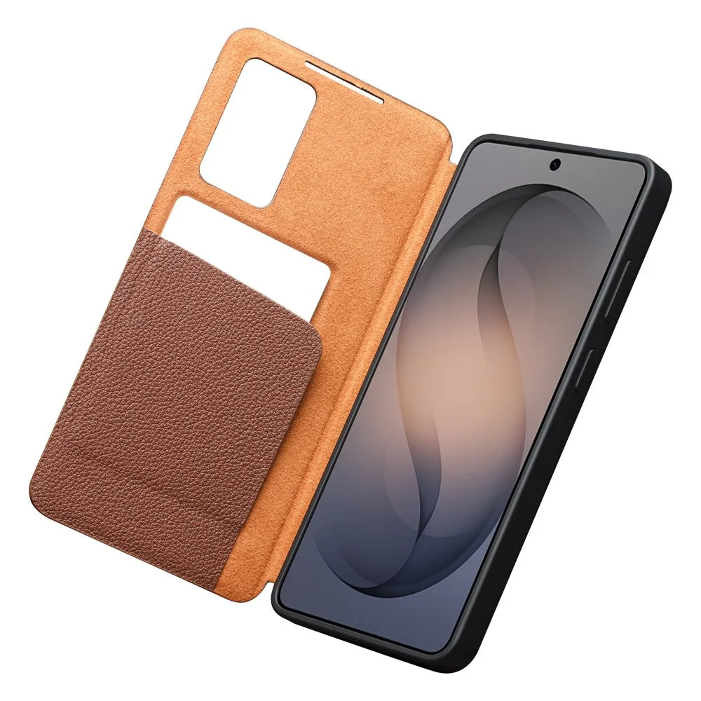 QIALINO For Samsung Galaxy S26 Case View Window Genuine Cow Leather Flip Phone Cover (APP Version) - Brown - 2