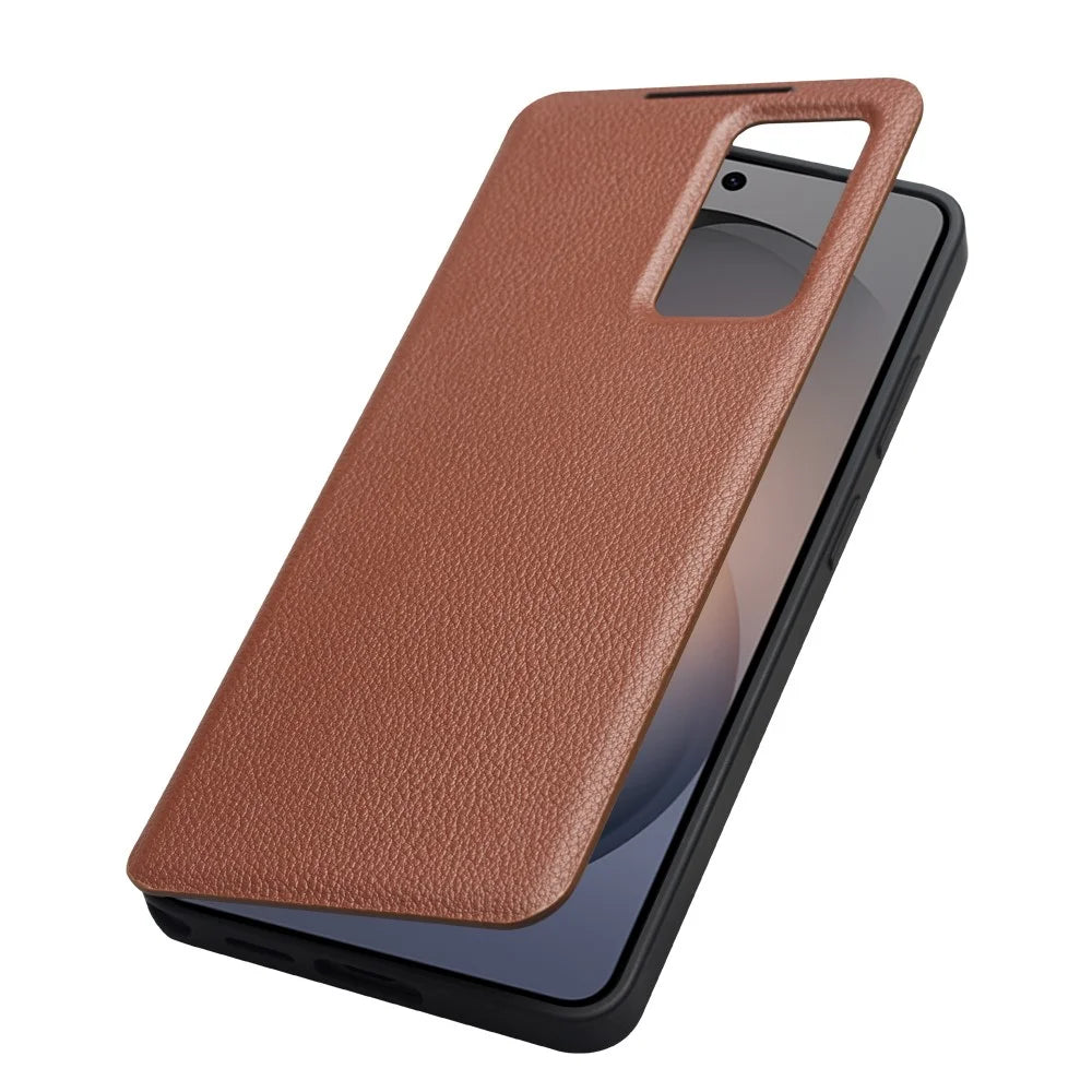 QIALINO For Samsung Galaxy S26 Case View Window Genuine Cow Leather Flip Phone Cover (APP Version) - Brown - 3