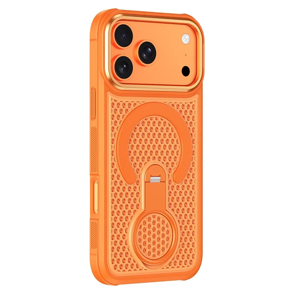 For iPhone 17 Pro Magnetic Case with 360° Rotating Ring Kickstand Heat Dissipation Honeycomb PC TPU Cover Compatible with Magsafe - Orange - 2